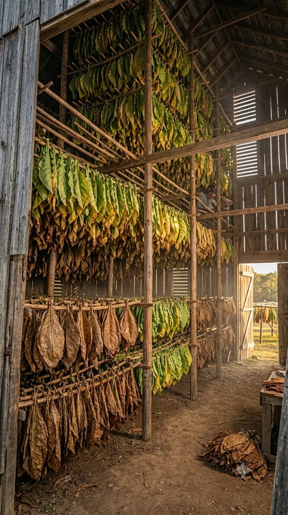 Tobacco leaves drying in barn