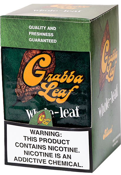 A dark green-brown whole grabba leaf shown with its Grabba Leaf retail box.