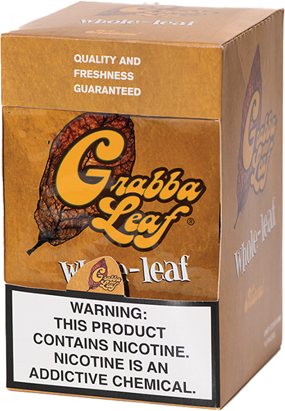 A pale golden-yellow whole tobacco leaf beside its resealable Grabba Leaf pouch.