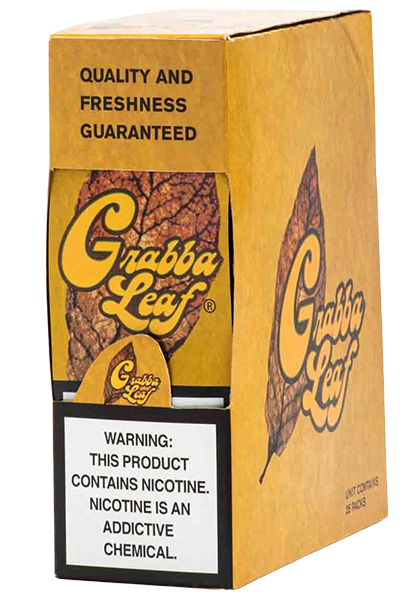 Two prepared pale-yellow grabba cigar wrappers with their Grabba Leaf pouch.